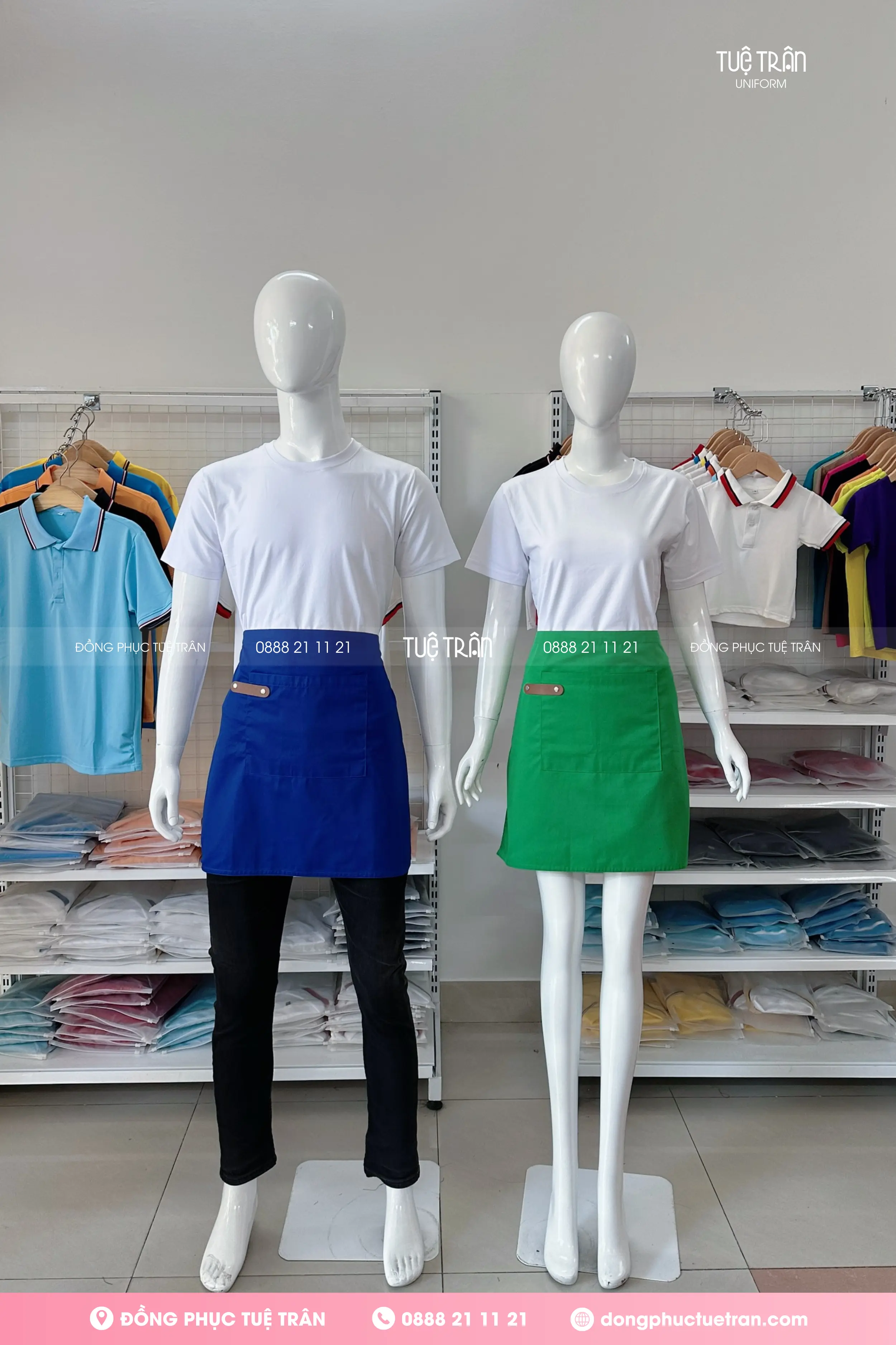 Đồng phục tạp dề ngắn phối da xanh bích