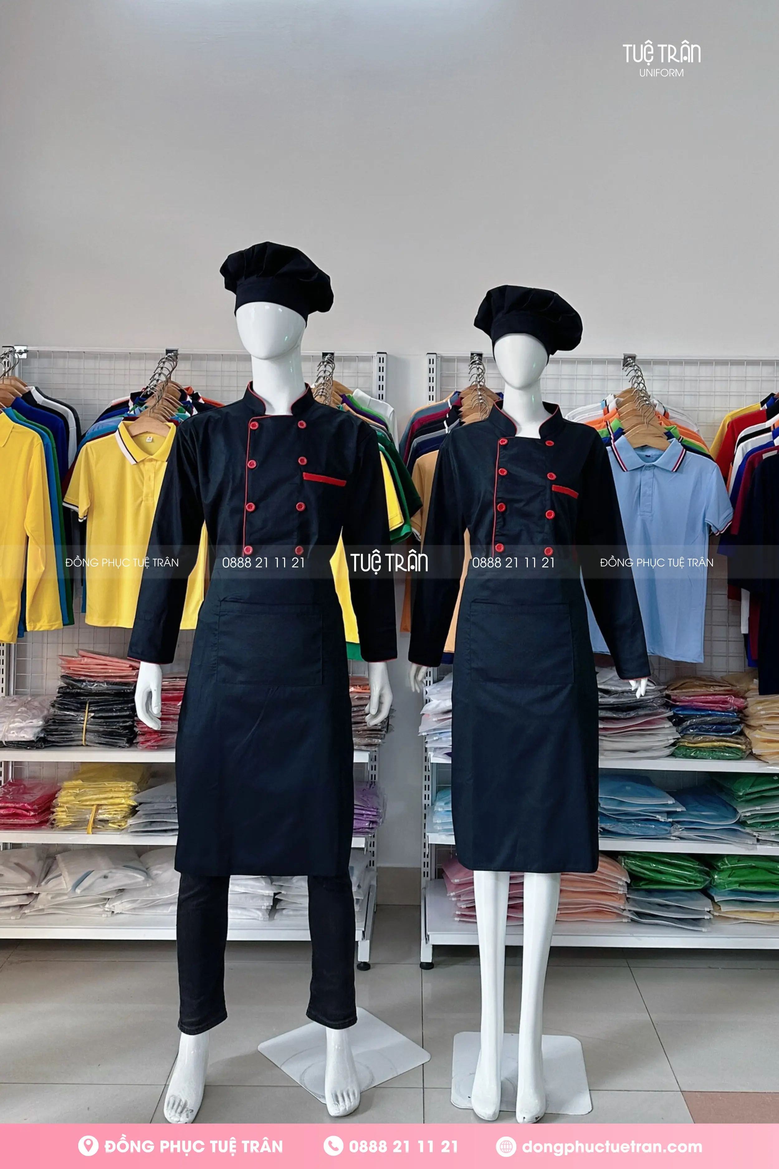 Đồng phục tạp dề ngang gối màu đen