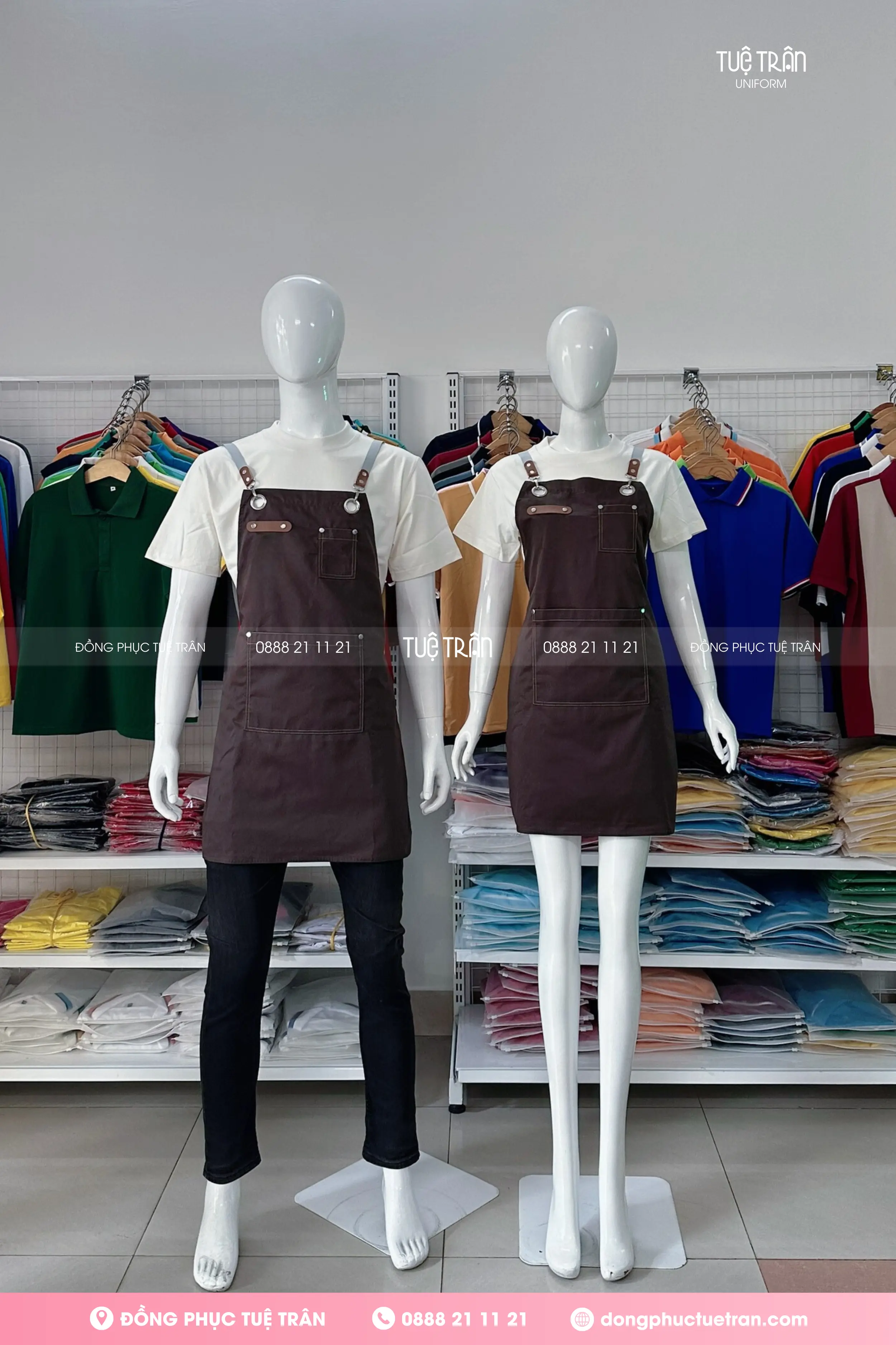 Tạp dề yếm đeo vai dây chữ X màu nâu