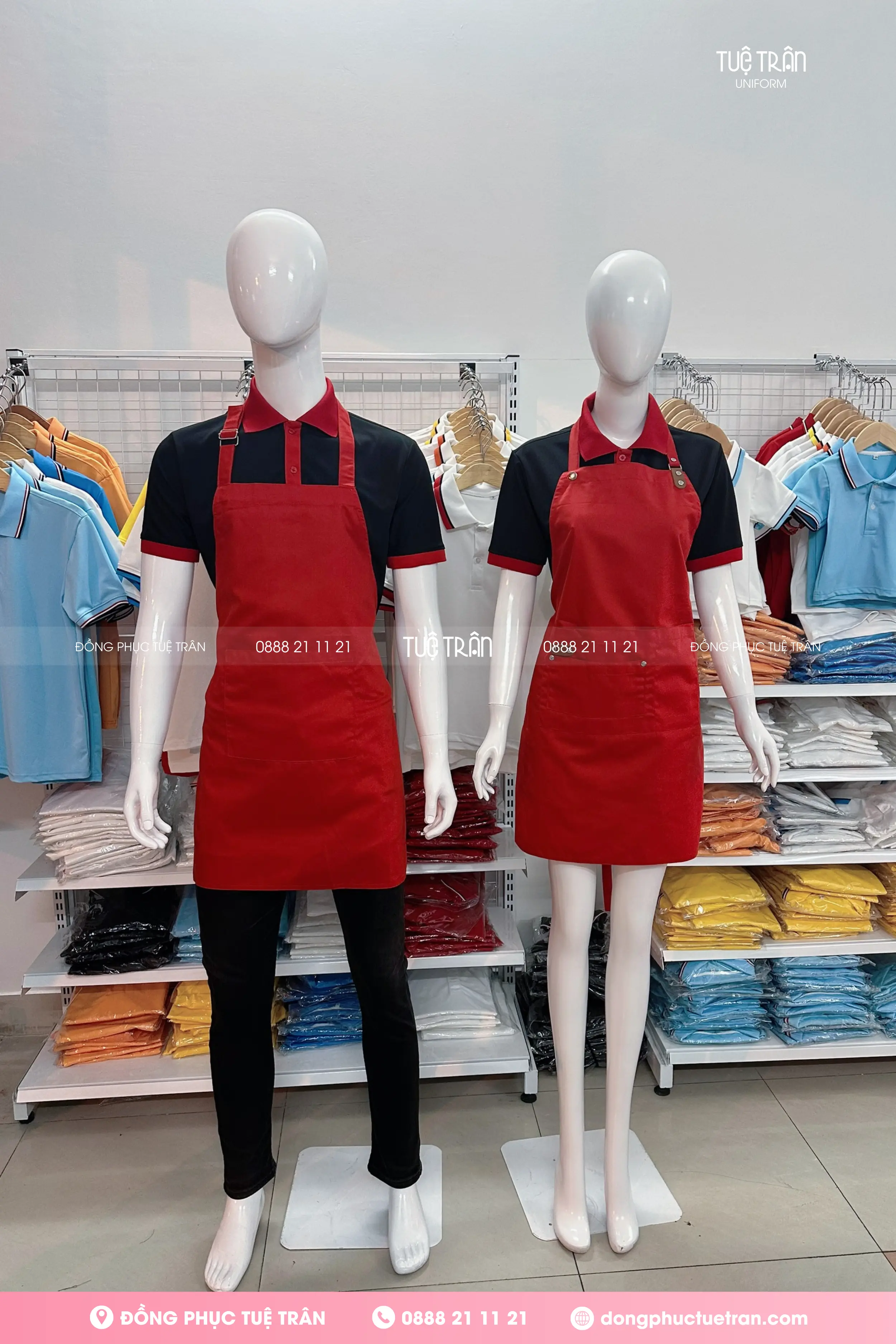 Tạp dề yếm phối da cao cấp màu đỏ tươi