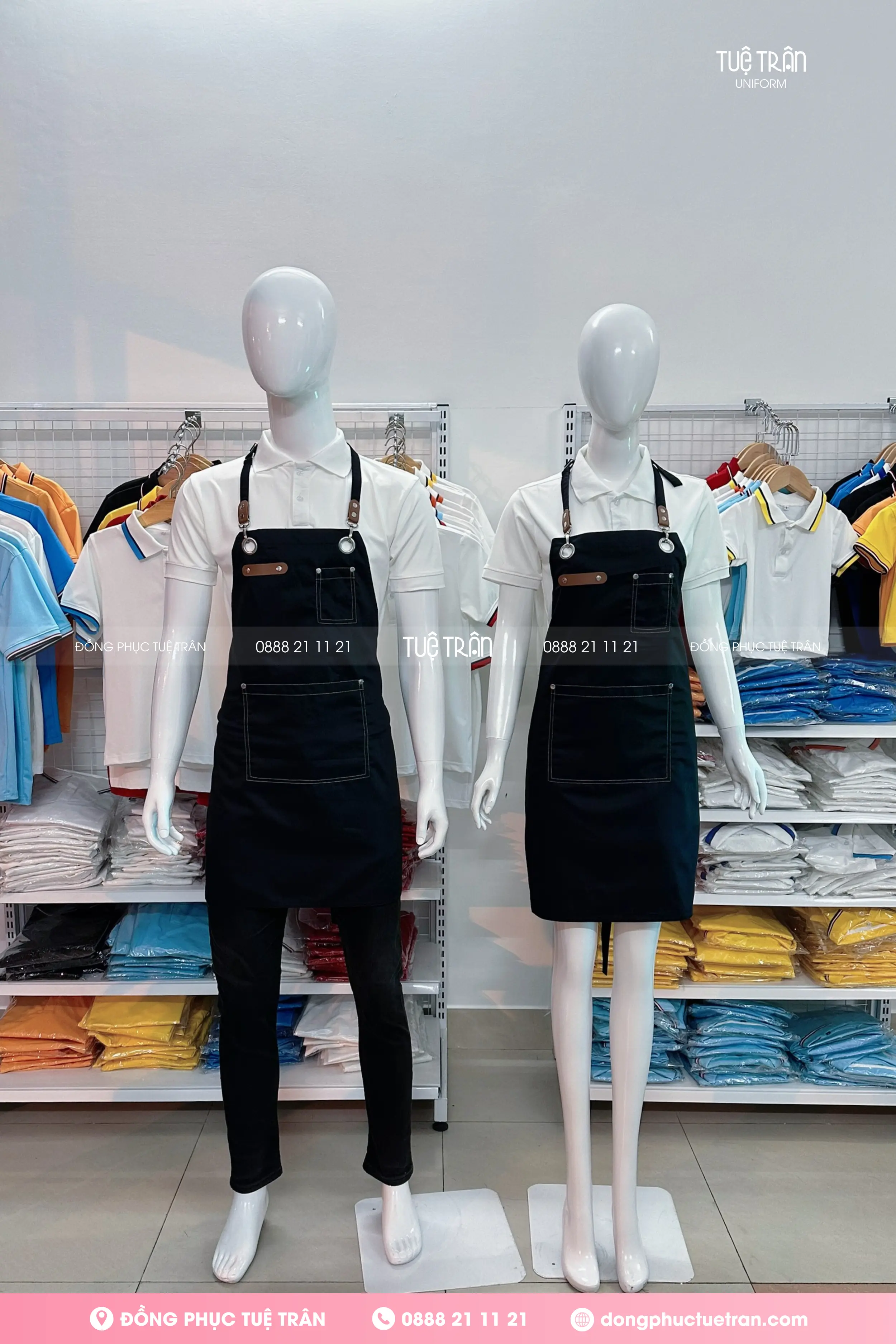 Tạp dề yếm phối da phối túi cao cấp màu đen