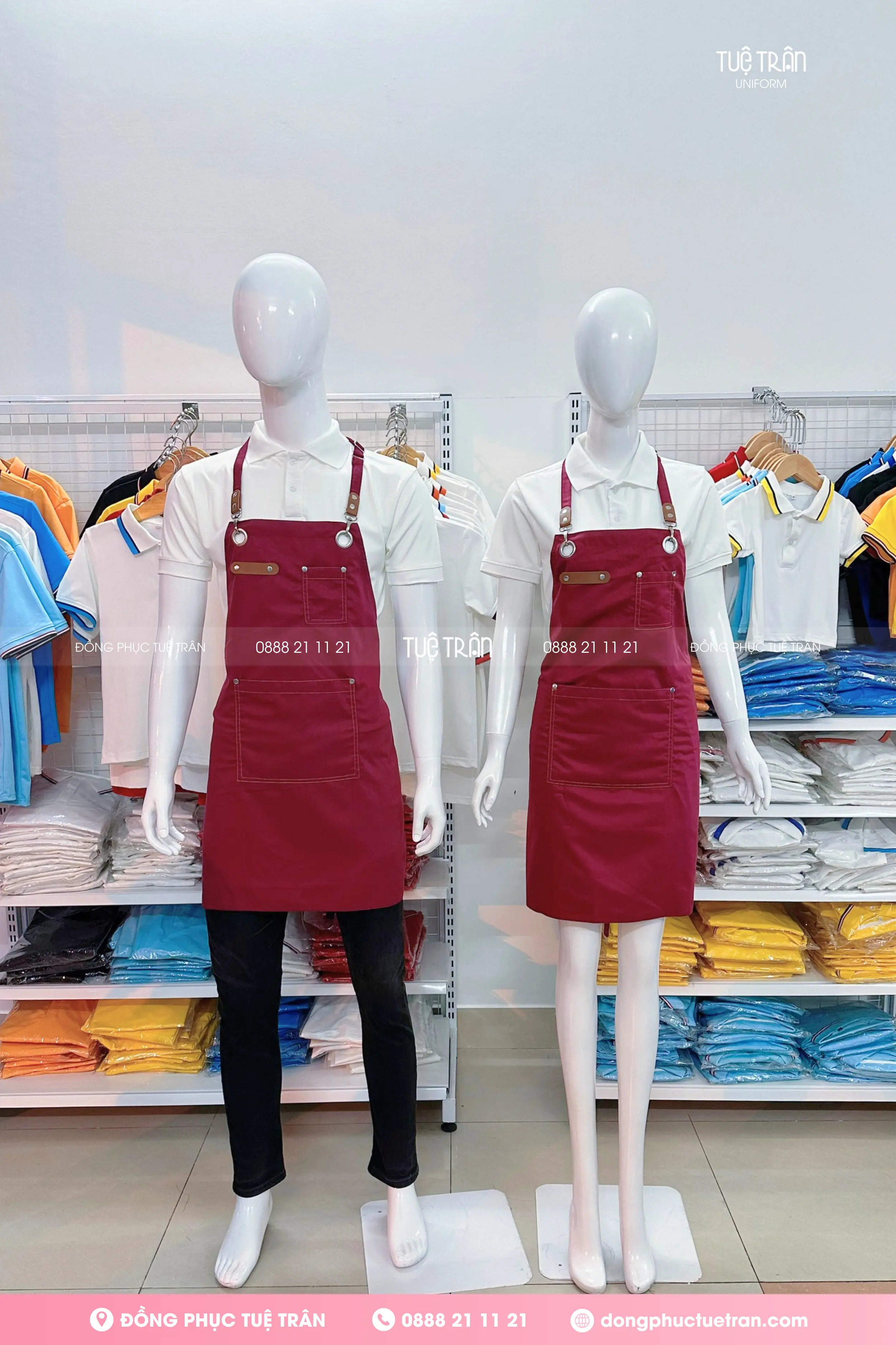 Tạp dề yếm phối da phối túi cao cấp màu đỏ đô