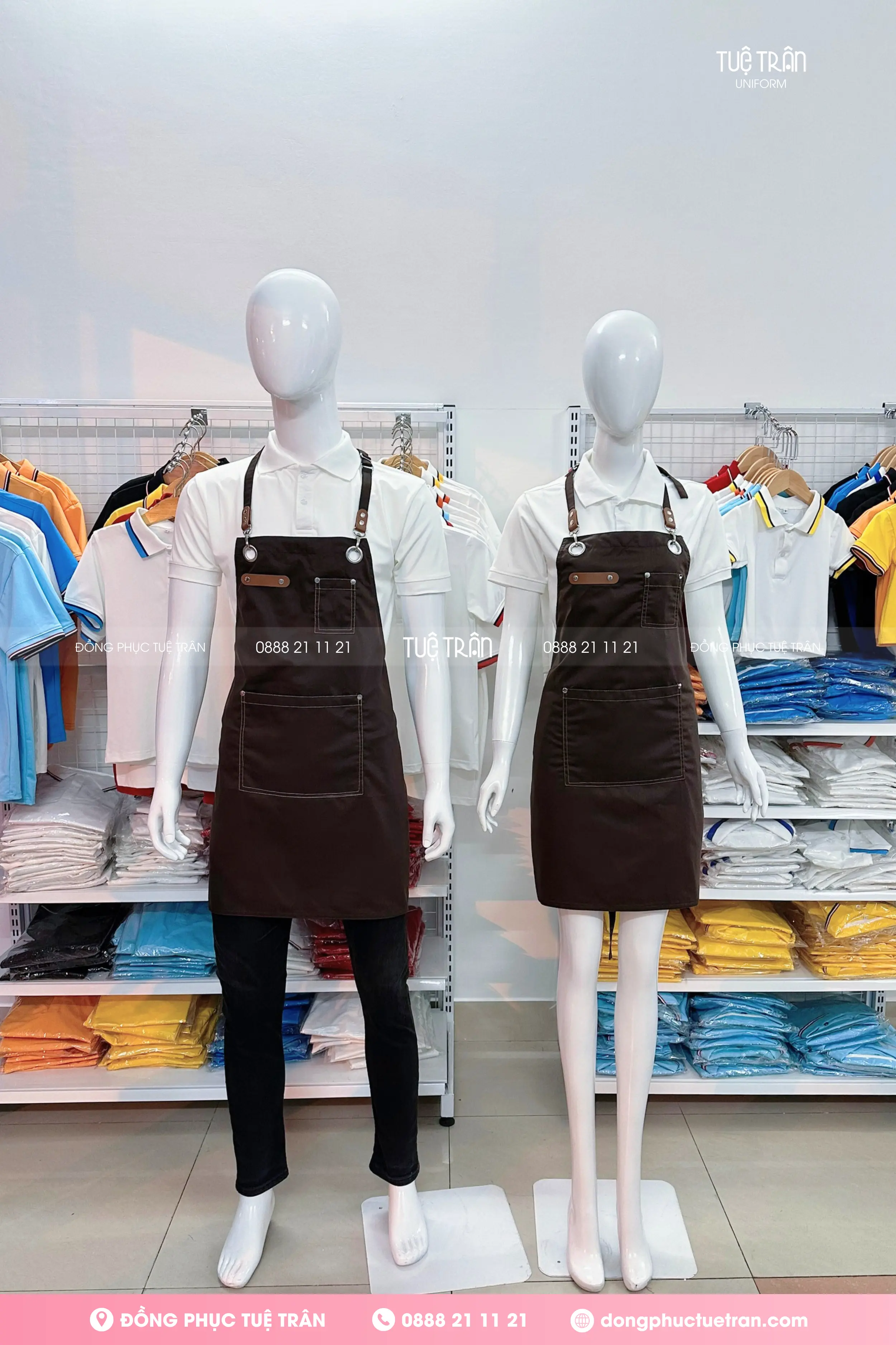 Tạp dề yếm phối da phối túi cao cấp màu nâu