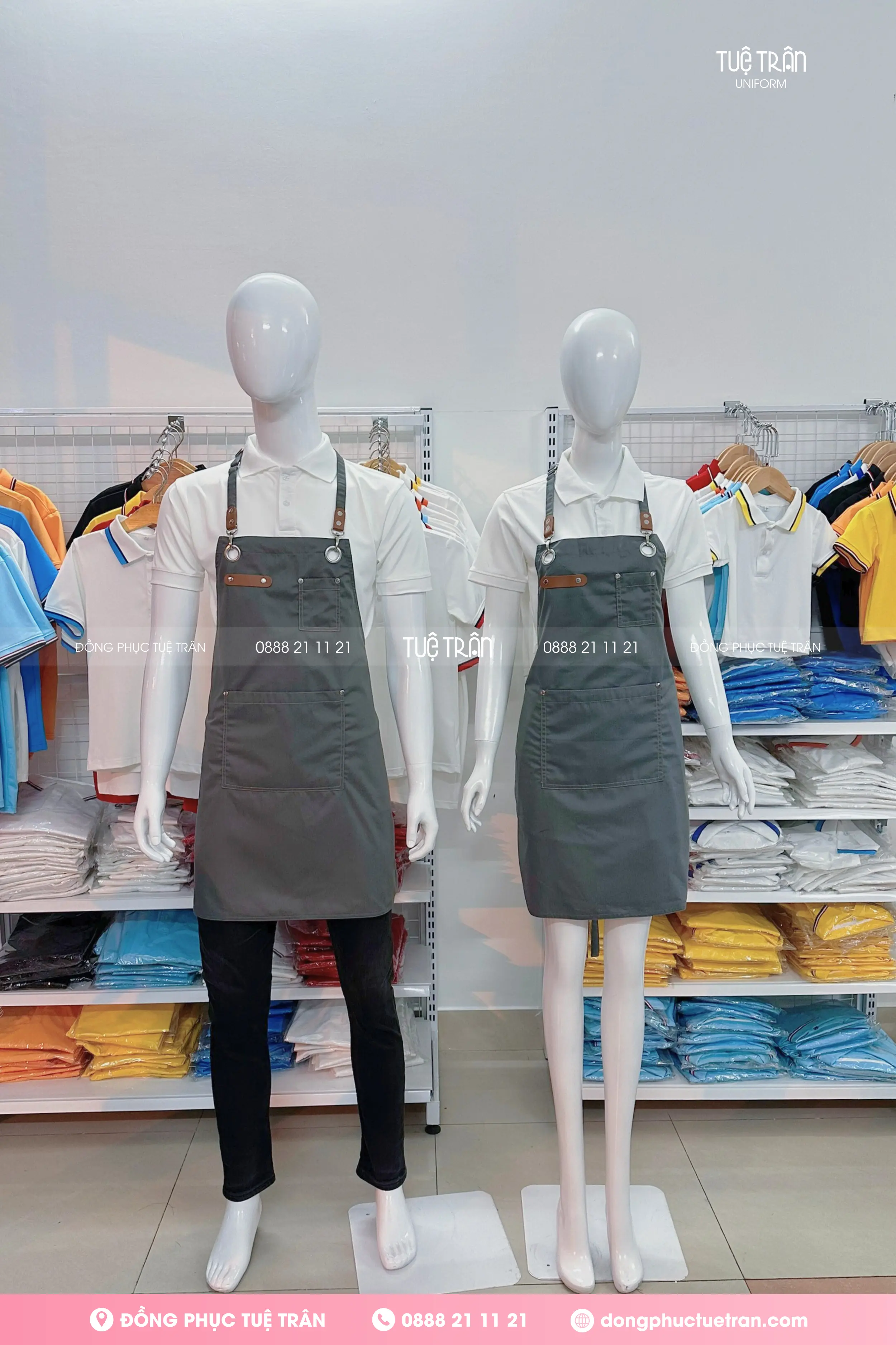 Tạp dề yếm phối da phối túi cao cấp màu xám đậm