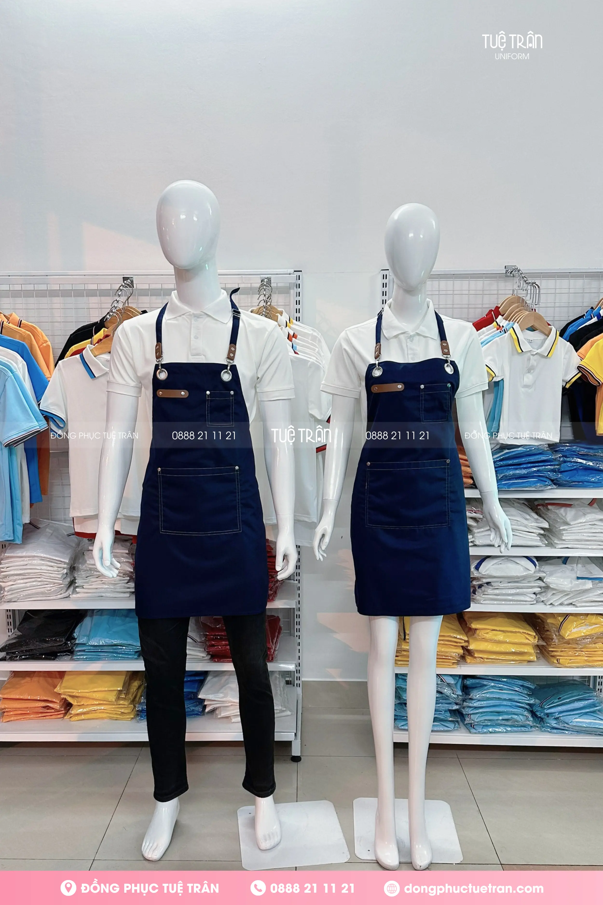 Tạp dề yếm phối da phối túi cao cấp màu xanh đen