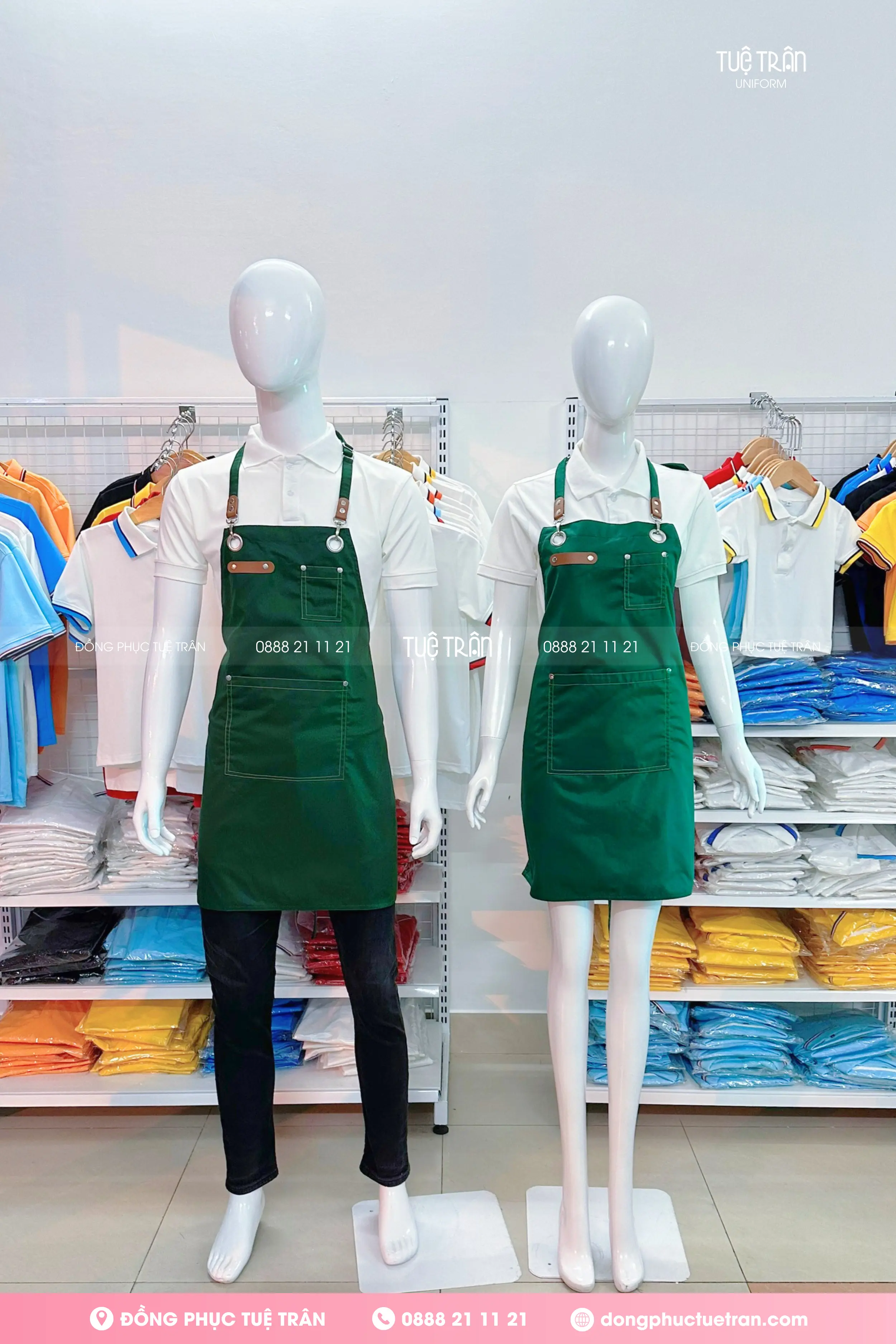 Tạp dề yếm phối da phối túi cao cấp màu xanh lá đậm