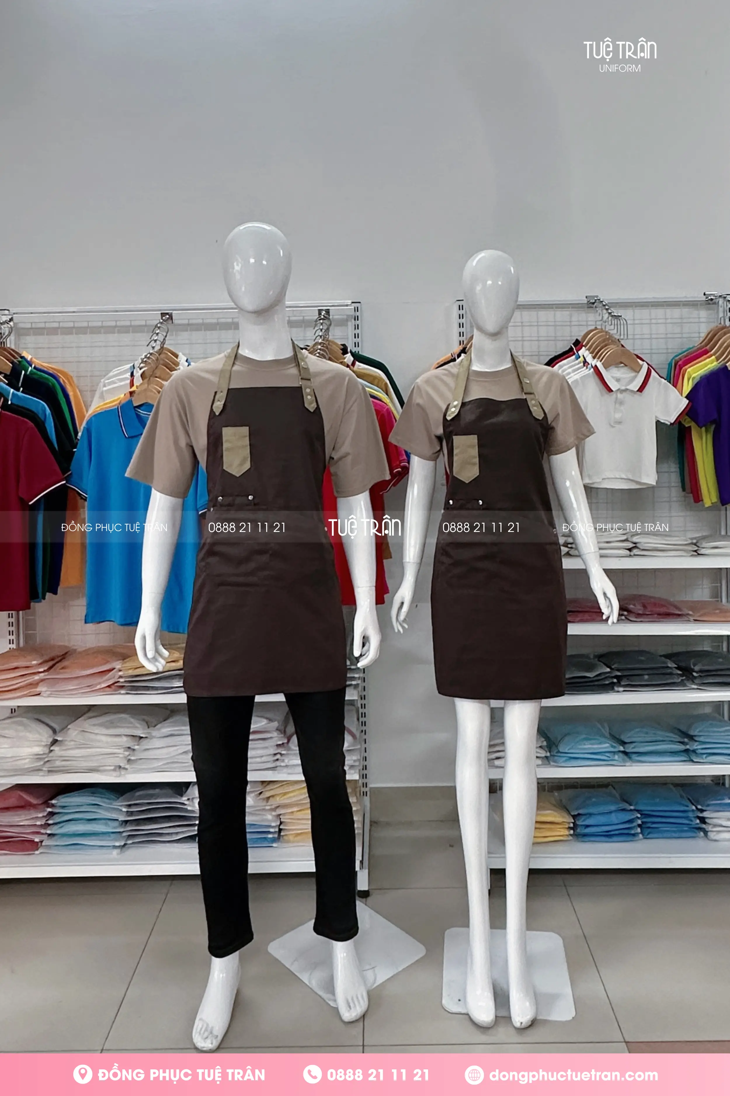 Tạp dề yếm phối túi màu nâu