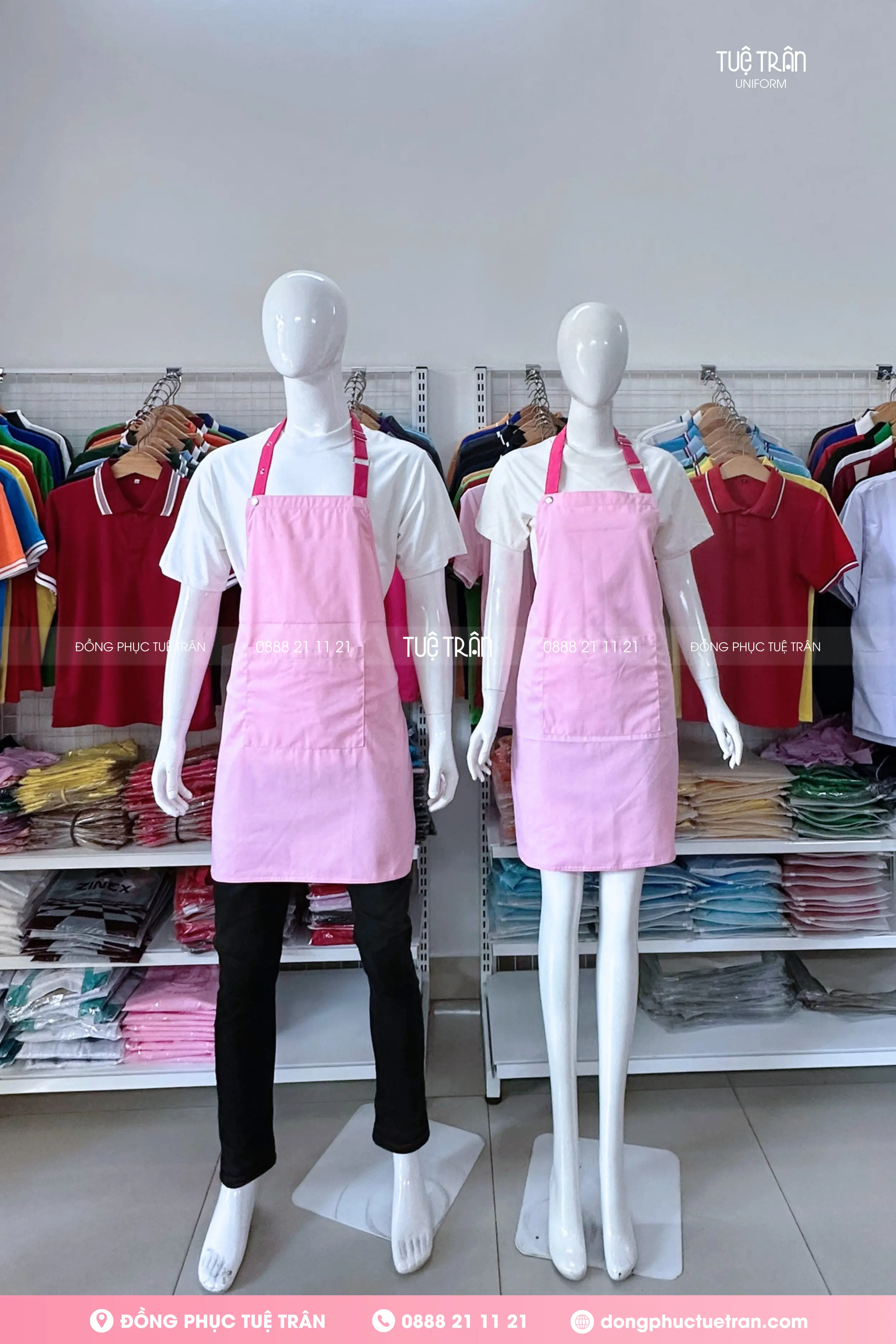 Đồng phục tạp dề yếm màu hồng phấn phối dây hồng sen