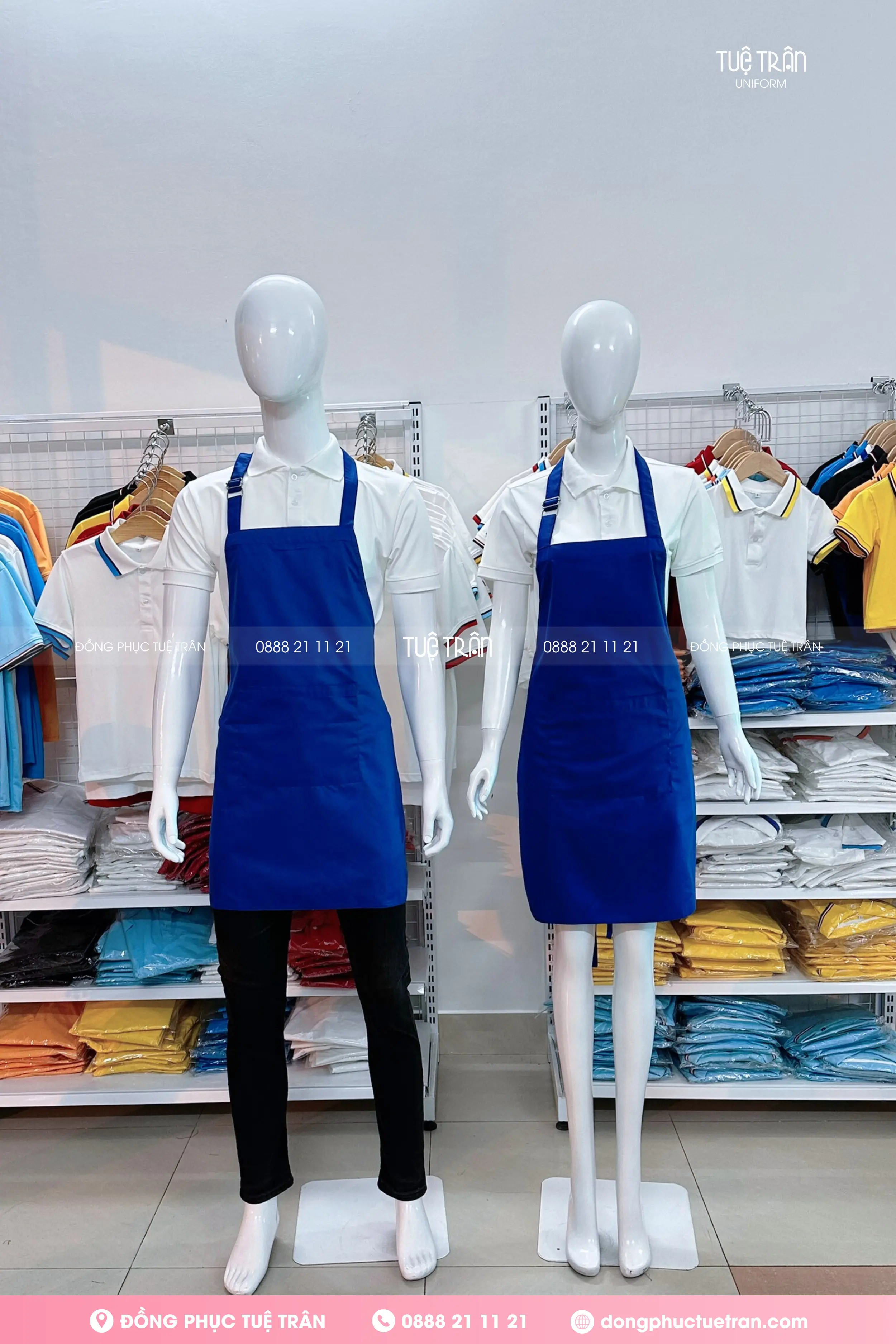 Đồng phục tạp dề yếm màu xanh bích
