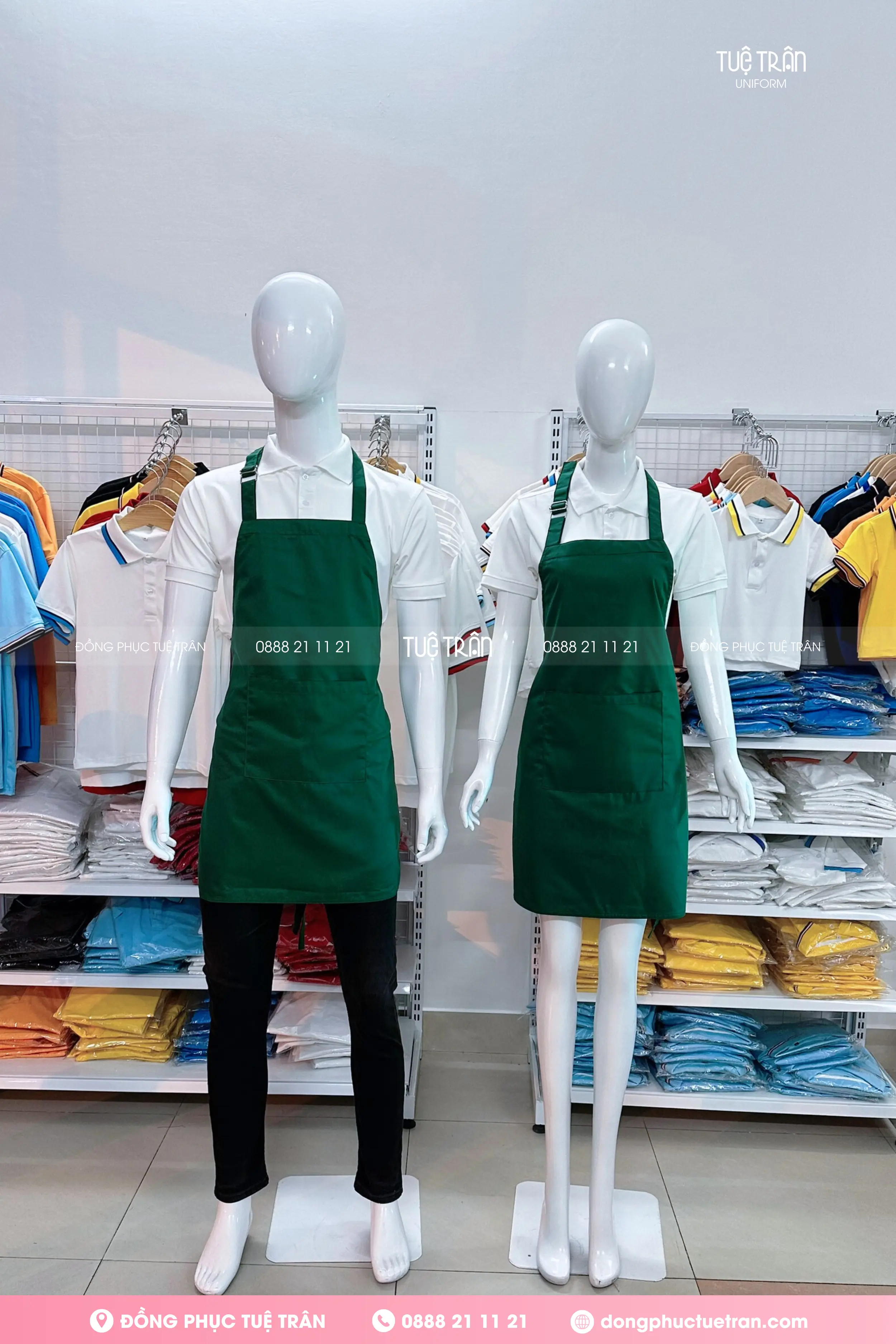 Đồng phục tạp dề yếm màu xanh lá đậm