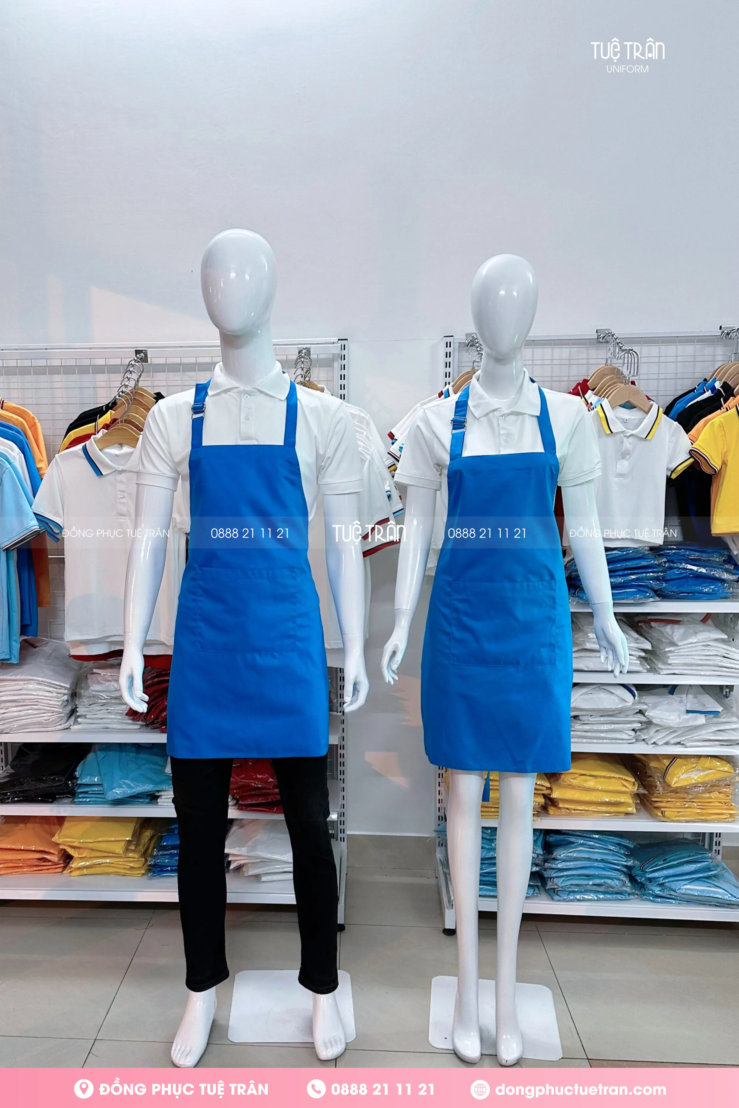 Đồng phục tạp dề yếm màu xanh ya